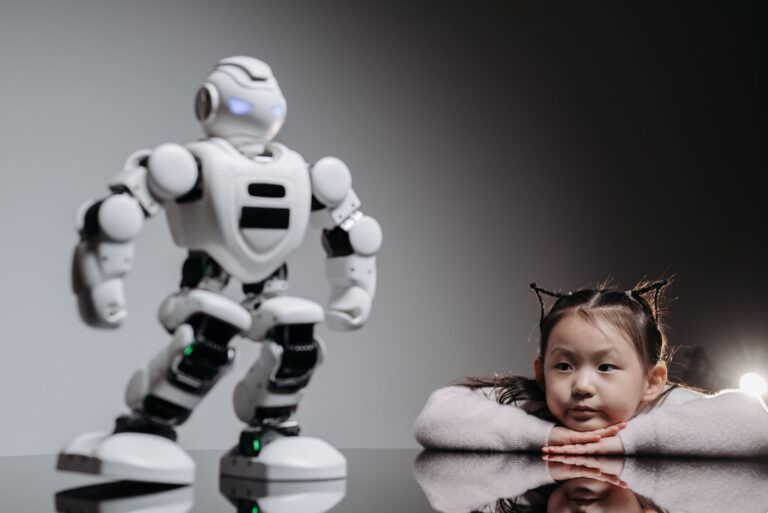 An intrigued child watches a humanoid robotic toy indoors, symbolizing playful tech curiosity.