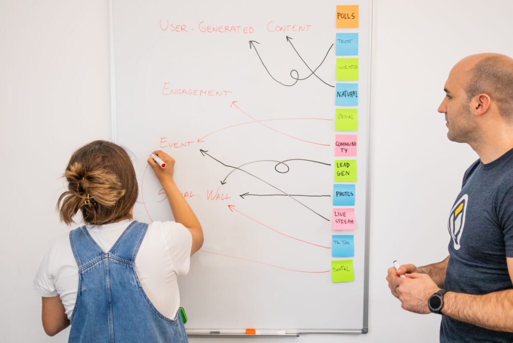Two colleagues collaborate on a marketing strategy using a whiteboard, focusing on user-generated content.