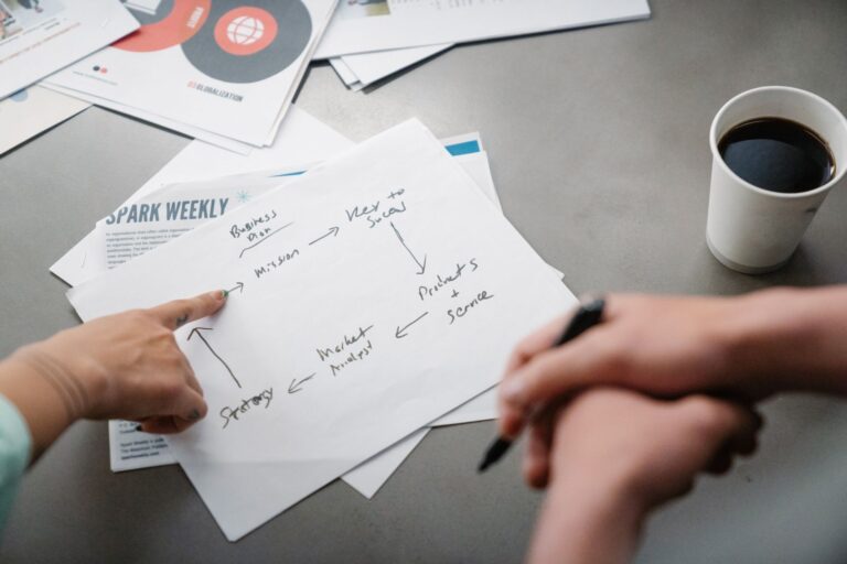 Hands pointing at a handwritten business strategy diagram over coffee.
